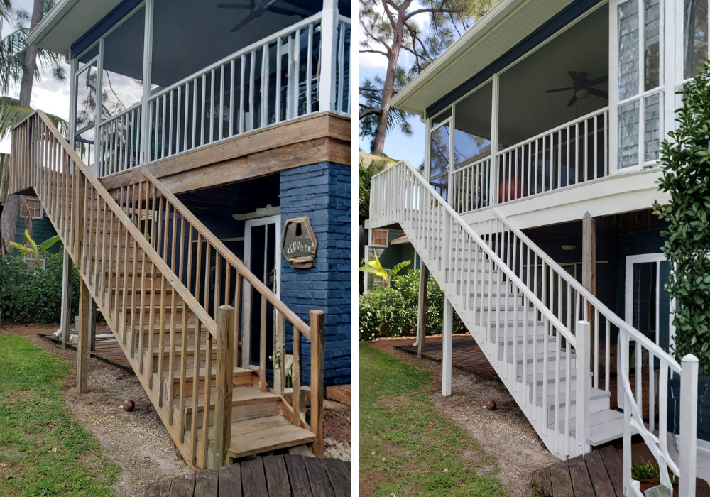 House Painters in Cape Coral, FL 4 Before and after exterior painting of a Cape Coral home's screened staircase and porch, showing the railings and stairs refreshed with white paint