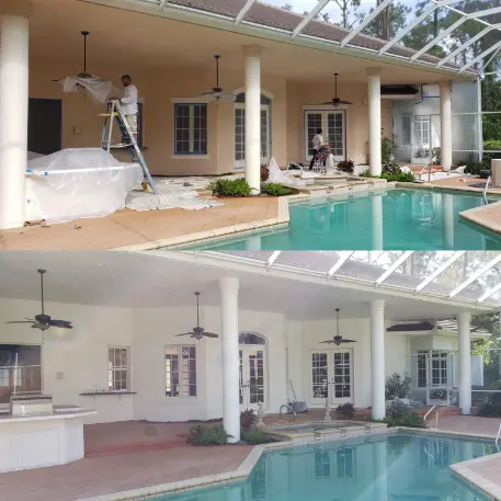 Before and after exterior painting of a poolside lanai and covered patio, showing a freshly painted light-colored home exterior