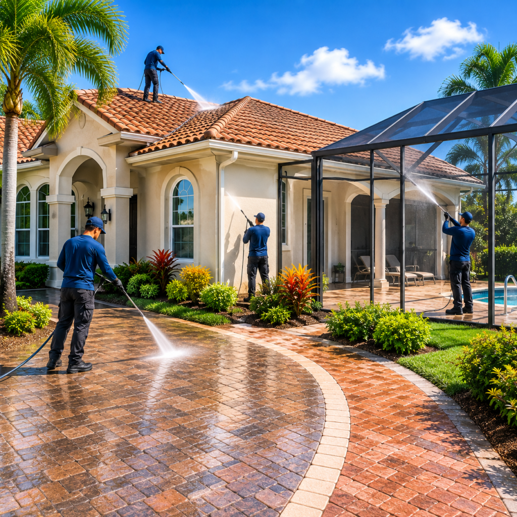 Workers pressure washing a Cape Coral home roof, exterior walls, paver driveway and screened pool enclosure