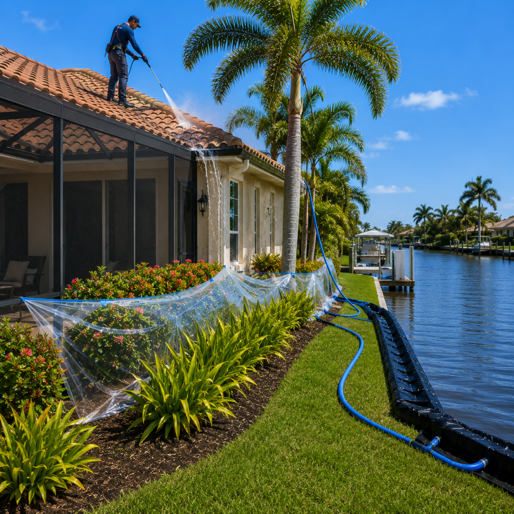 Professional roof cleaning on a Cape Coral waterfront home with protected landscaping and controlled runoff near a canal
