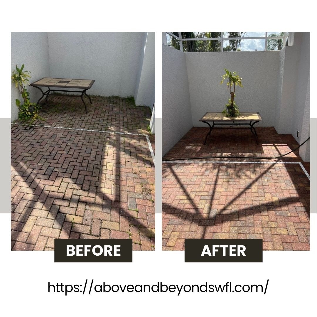 Before-and-after photos of a brick paver patio showing weeds and dirt before cleaning and a clean, refreshed surface after paver cleaning and sealing.