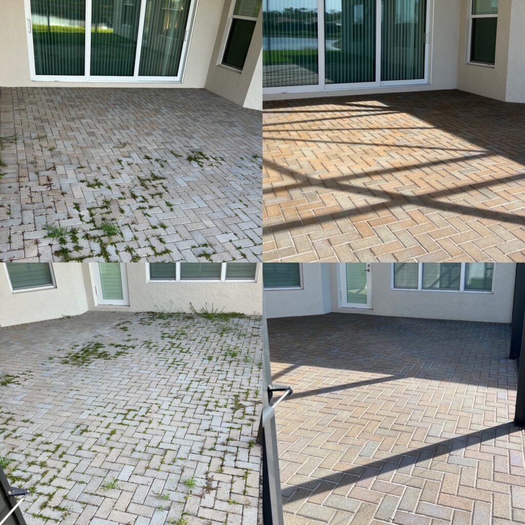 Before-and-after photos of paver cleaning showing weeds and buildup removed from a residential patio, leaving the pavers clean and refreshed.